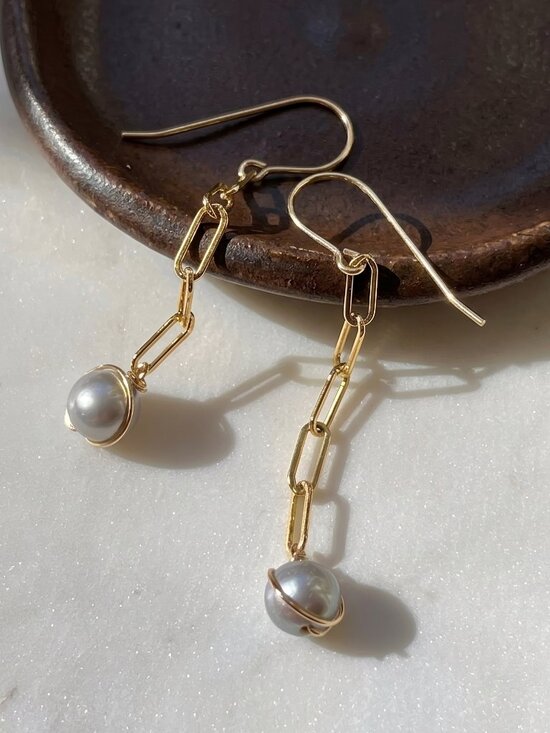 Hushwink Jewelry - Gold Filled Paperclip Chain Freshwater Pearl Drop Earrings